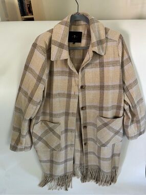 7  for All Man Kind Plaid Fringe Button-Up Coat